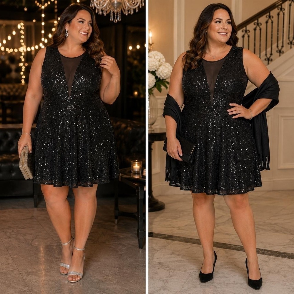 Cynthia Rowley Black Sequin Fit & Flare Cocktail Dress Sz 14 Party Holiday Glam
